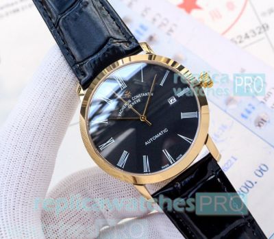 Replica Vacheron Constaintin Patrimony Black Dial Black Leather Strap Watch